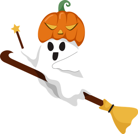 Halloween Ghost with Flying Broom  Illustration