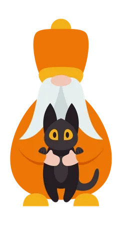 Halloween Gnome and black cat  Illustration