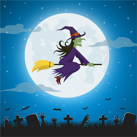 Halloween Hexe fliegt auf magischem Besen  Illustration