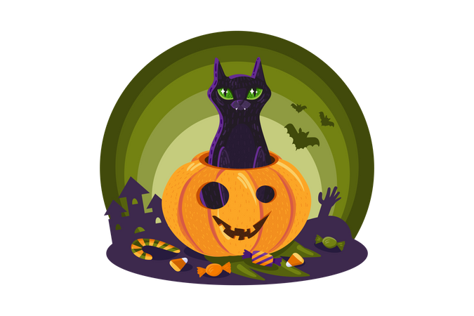 Halloween-Katze im Kürbis  Illustration