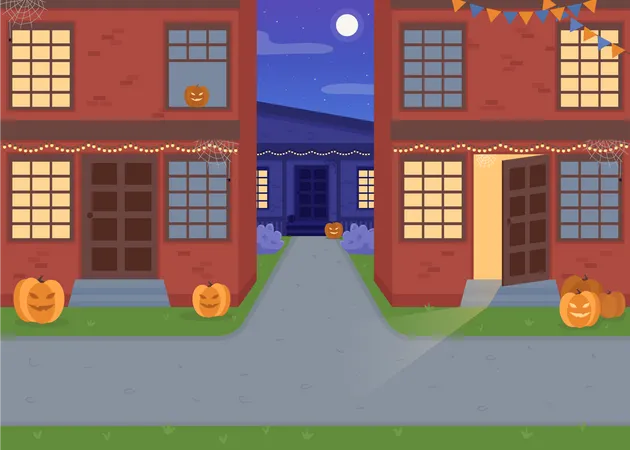 Halloween Night Flat Color Vector Illustration National Event In City Buildings With Bunting And Garlands Traditional Midnight 2 D Cartoon Cityscape With Decorated Houses On Background Illustration