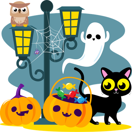 Halloween greeting with pumpkin,ghost,black cat and halloween characters  Illustration