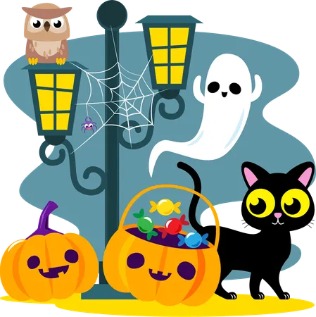 Halloween greeting with pumpkin,ghost,black cat and halloween characters  Illustration