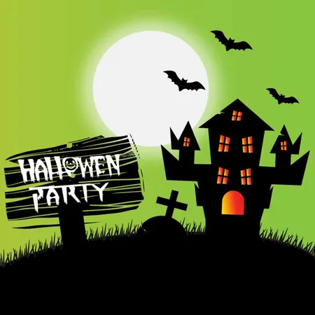 Happy Halloween House And Bats With Tree Moon Light Green Background Direction Illustration
