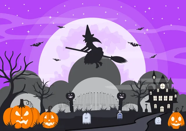 Halloween Night Party Background Silhouette Landing Page Illustration With Witch Haunted House Pumpkins Bats And Other For Add Your Design Style Illustration