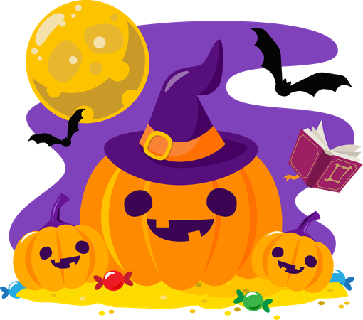 Spooky halloween pumpkin in witch hat and halloween characters in full moon night  Illustration
