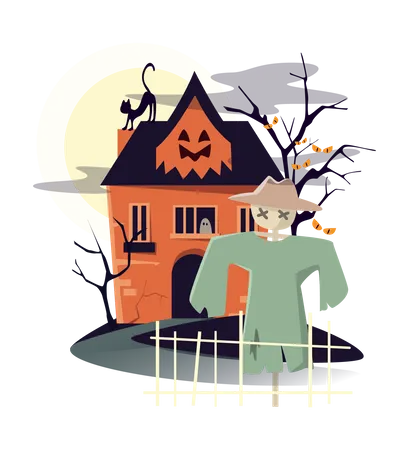 Halloween Party Poster Template In Flat Design Banner Invitation Layout To Night Horror Festival With Spooky Old House Black Cat On Roof Creepy Trees With Eyes And Scarecrow Vector Illustration Illustration