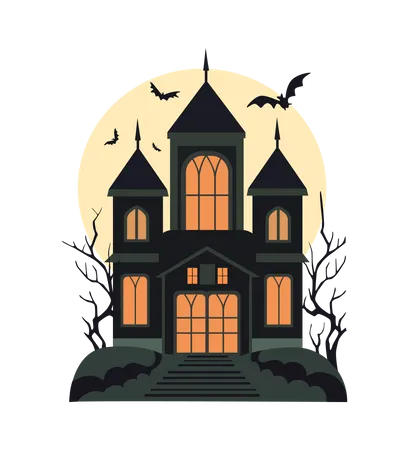 Halloween Party Poster Template In Flat Design Banner Invitation Layout To Night Horror Festival With Spooky Old Gothic Castle With Moon On Backdrop Creepy Black Trees And Bats Vector Illustration Illustration