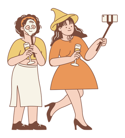 Halloween Party Selfie with Costumed Girls Celebration  Illustration