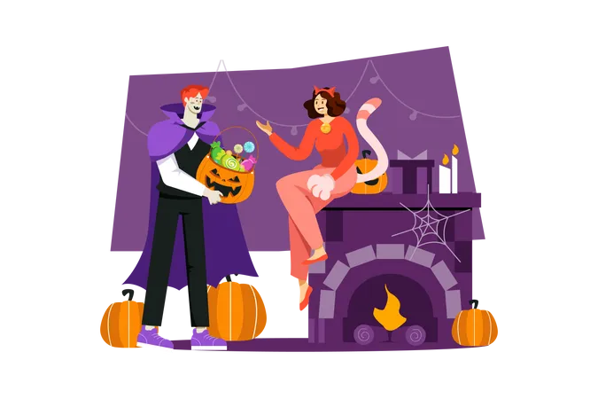 Halloween People With Candies Illustration
