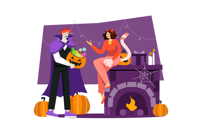 Halloween People With Candies  Illustration