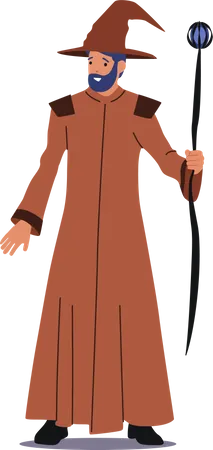 Magician With Magic Staff Wizard Or Sorcerer Character Halloween Personage With Beard Wear Long Brown Robe And Hat Isolated On White Background Cartoon People Vector Illustration イラスト