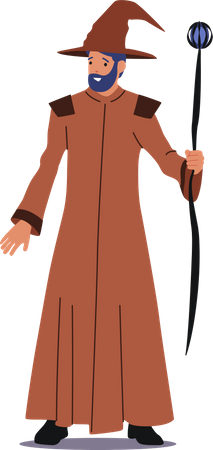 Halloween Personage With Beard Wear Long Brown Robe and Hat  Illustration