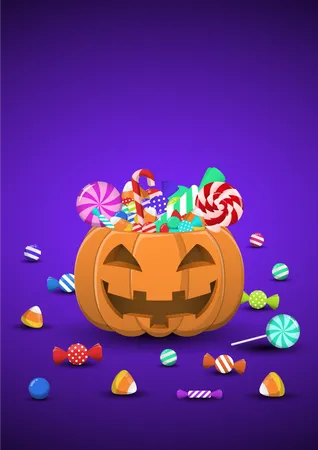 Halloween Sweets And Candies In Pumpkin Bucket With Trick Or Treat Word Halloween Background Postcard Illustration