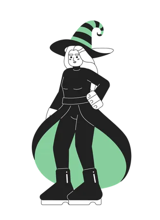 Halloween Wicked Witch Monochromatic Flat Vector Character Woman Halloween Costume Spooky Fairytale Editable Thin Line Full Body Person On White Simple Bw Cartoon Spot Image For Web Graphic Design Illustration