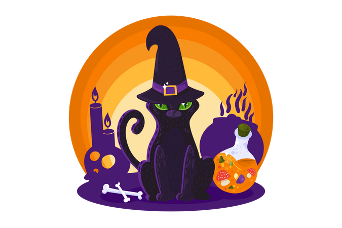 Halloween Witch Cat  Illustration