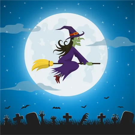 Halloween witch flying on magic broomstick Illustration