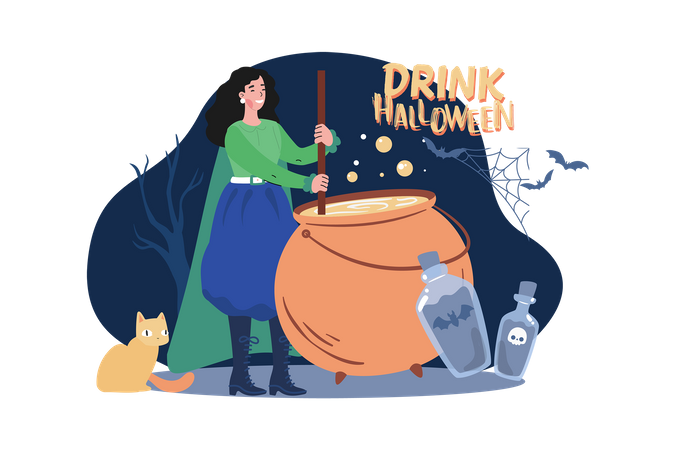 Halloween witch making magic potion  Illustration
