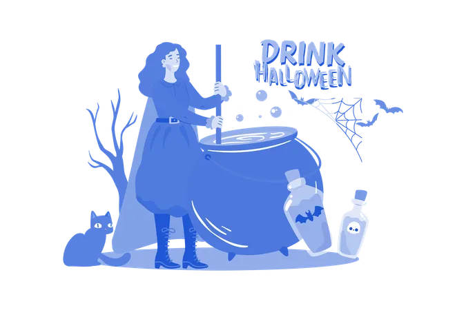 Halloween witch making magic potion  Illustration