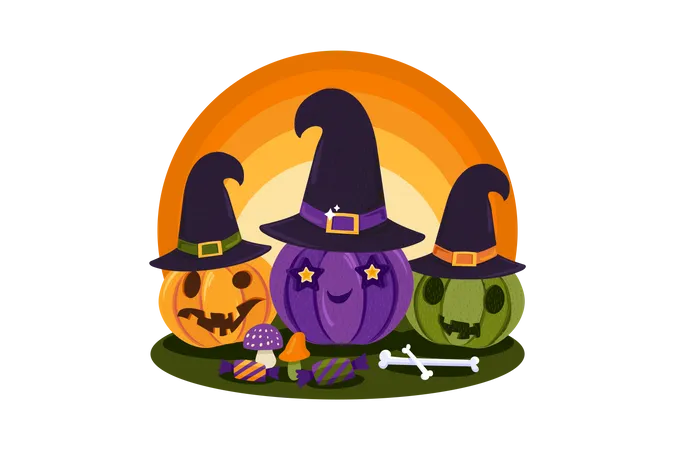 Halloween Witch Pumpkins Illustration
