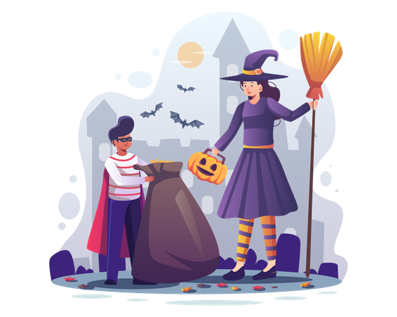 Halloween witch with scary pumpkin Illustration