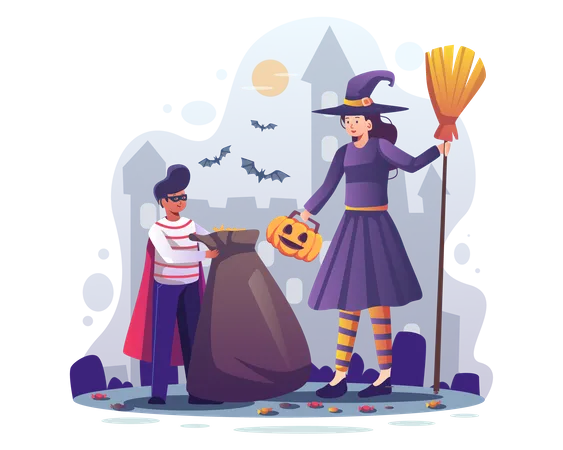 Halloween witch with scary pumpkin  Illustration