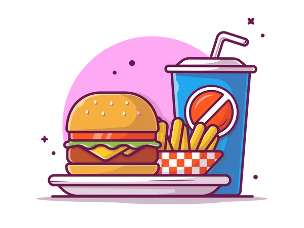 Hambúrguer com bebida gelada  Ilustração