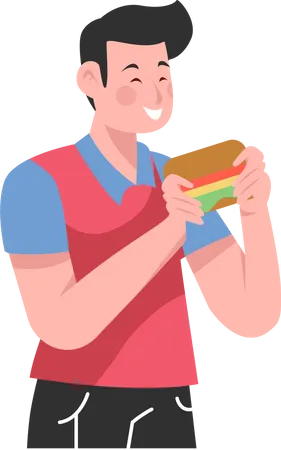 Hombre comiendo hamburguesa  Ilustración