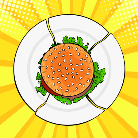Hamburguesa en plato roto, comida rápida pesada. Dieta y alimentación saludable. Ilustración vectorial colorida en estilo cómico retro del arte pop  Ilustración