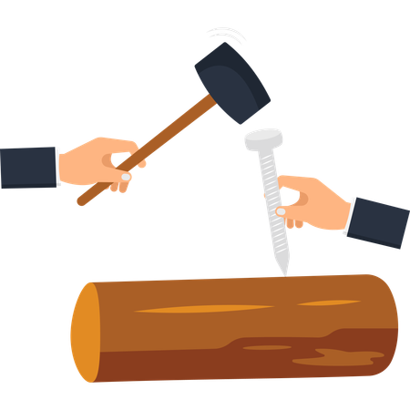 Hammering Nail into Wood Log  Illustration