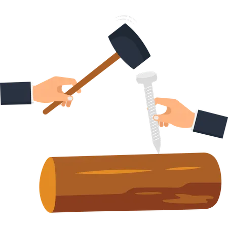 Hammering Nail into Wood Log  Illustration