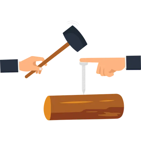 Hammering Nail into Wood Log  Illustration