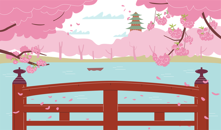 Hanami-Frühlingslandschaft  Illustration