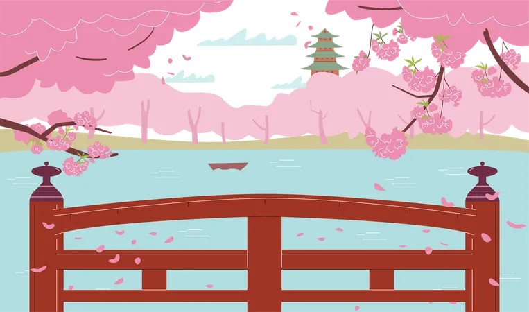 Paisaje primaveral de hanami  Ilustración