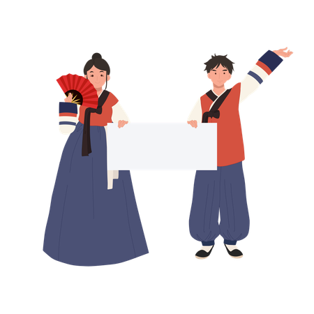 Hanbok couple showing blank sign  Illustration