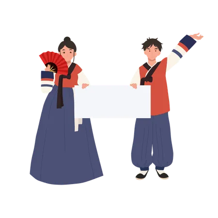 Hanbok couple showing blank sign  Illustration