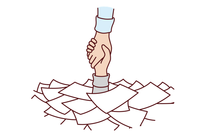 Hand among papers asks for help and salvation from bureaucracy  イラスト