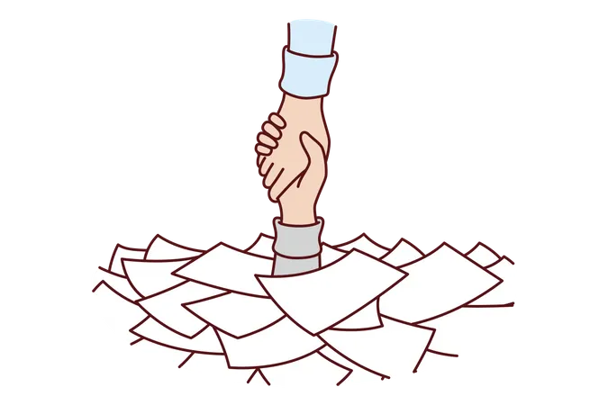 Hand among papers asks for help and salvation from bureaucracy  Illustration