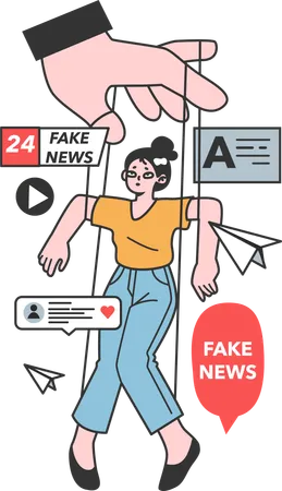 Hand controlling girl with 24 fake news  Illustration