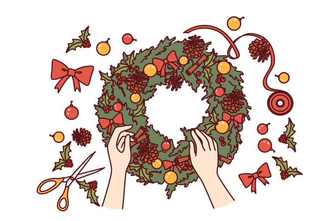 Hand decorating christmas wreath  Illustration