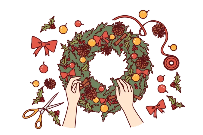 Diy Christmas Wreath Made From Green Fir Branches And Red Bows Or Pine Cones For Interior Decoration Process Of Making Christmas Wine To Prepare For New Year Holidays Or Xmas Eve Illustration
