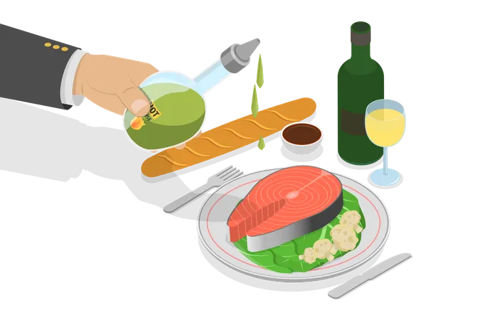 3 D Isometric Flat Vector Illustration Of Dish Dressing Grilled Sea Food With Vegetables Illustration