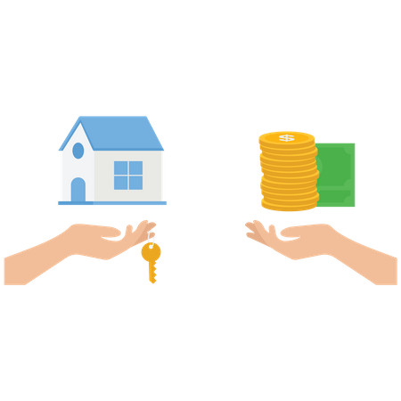 Hand gives home and the key to the other hand with money and cash  Illustration