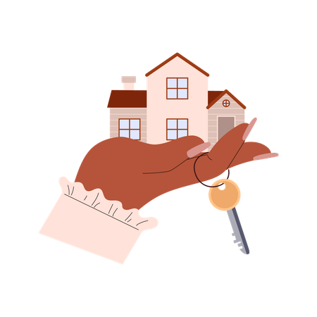 Hand hält Haus und Schlüssel für Immobilienmakler  Illustration