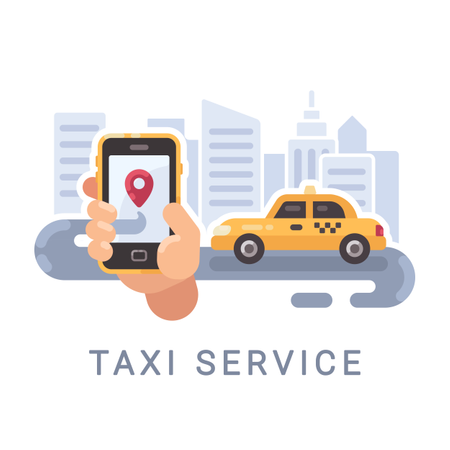 Hand hält Smartphone mit Taxi Service Mobile App und einem Auto auf der Straße  Illustration
