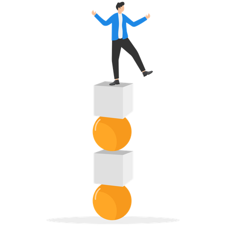 Hand help businessman no falling from stack of unstable blocks  Illustration