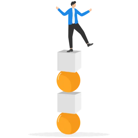 Hand help businessman no falling from stack of unstable blocks  Illustration