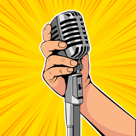 Hand hold microphone cartoon vector illustration. Retro poster comimc book performance. Entertainment halftone background.  Illustration