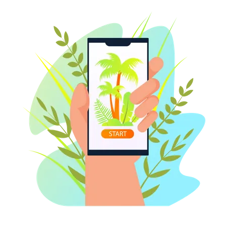 Hand Hold Smartphone with Palm Trees on Screen Illustration