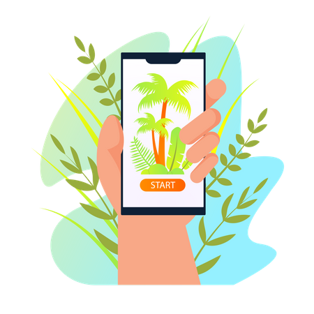 Hand Hold Smartphone with Palm Trees on Screen  Illustration